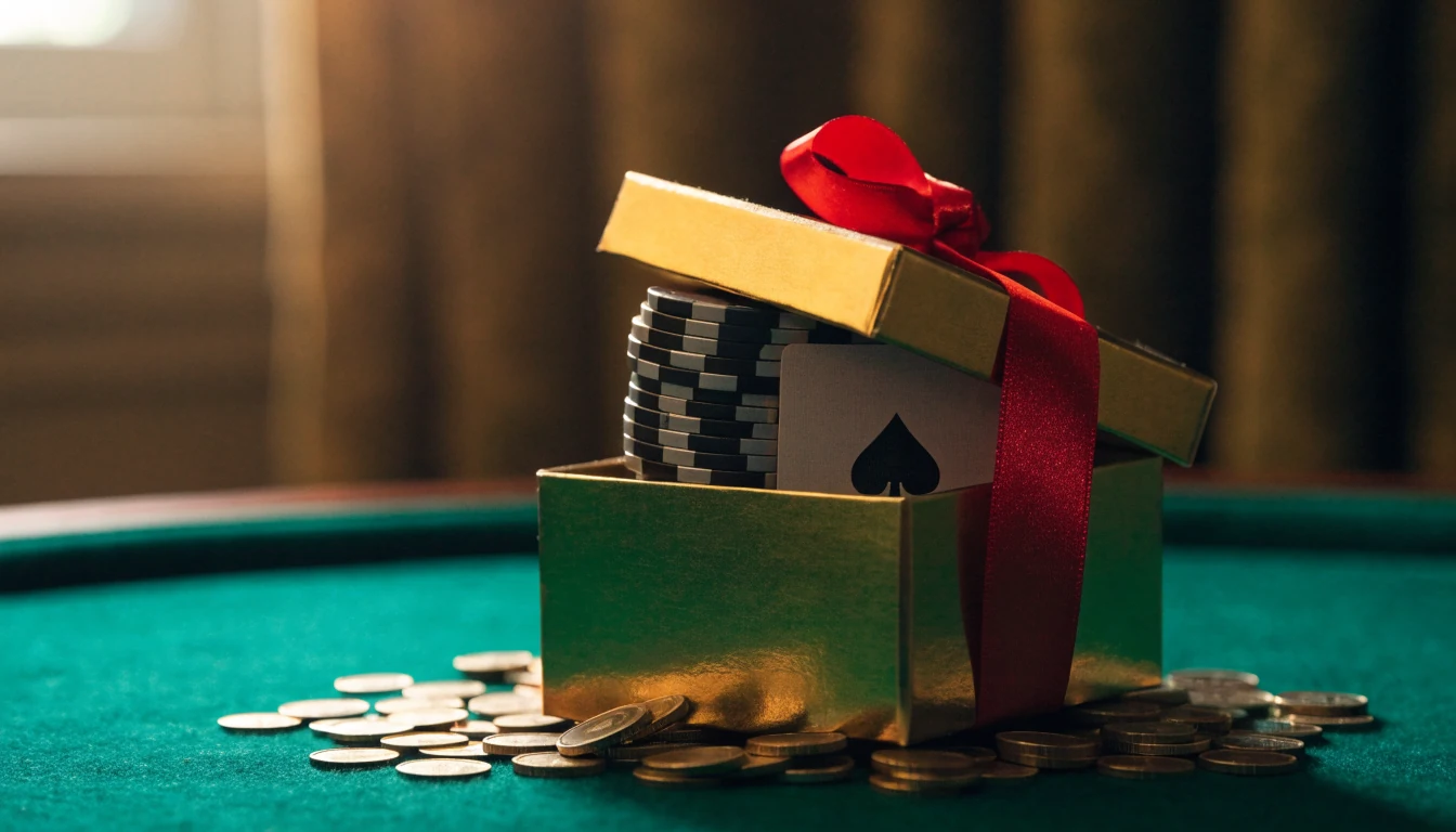 Een gouden geschenkdoos met casinofiches op groene vilt tafel