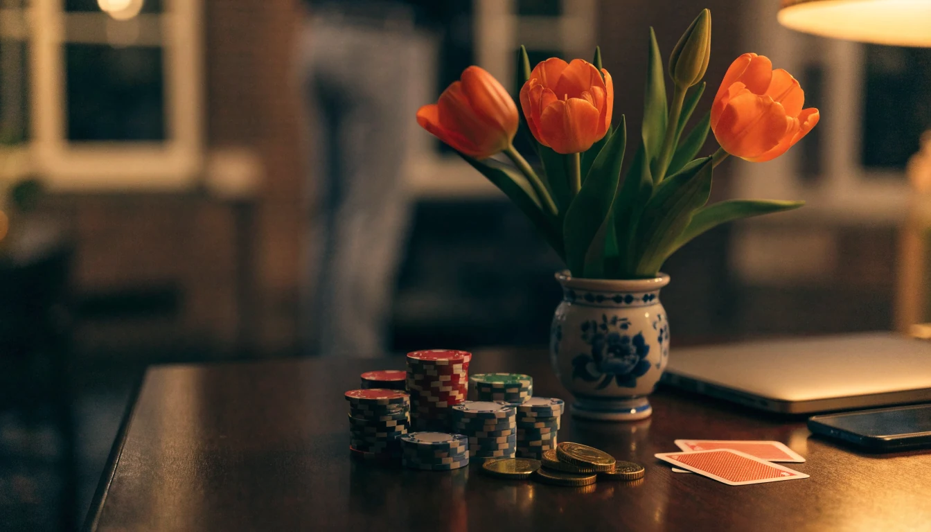 Stapel casinofiches, euromunten en speelkaarten op tafel met Nederlandse tulpenvaas