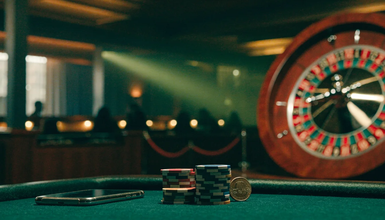 Sfeervolle casinozaal met fiches en roulettewiel in Nederlandse stijl