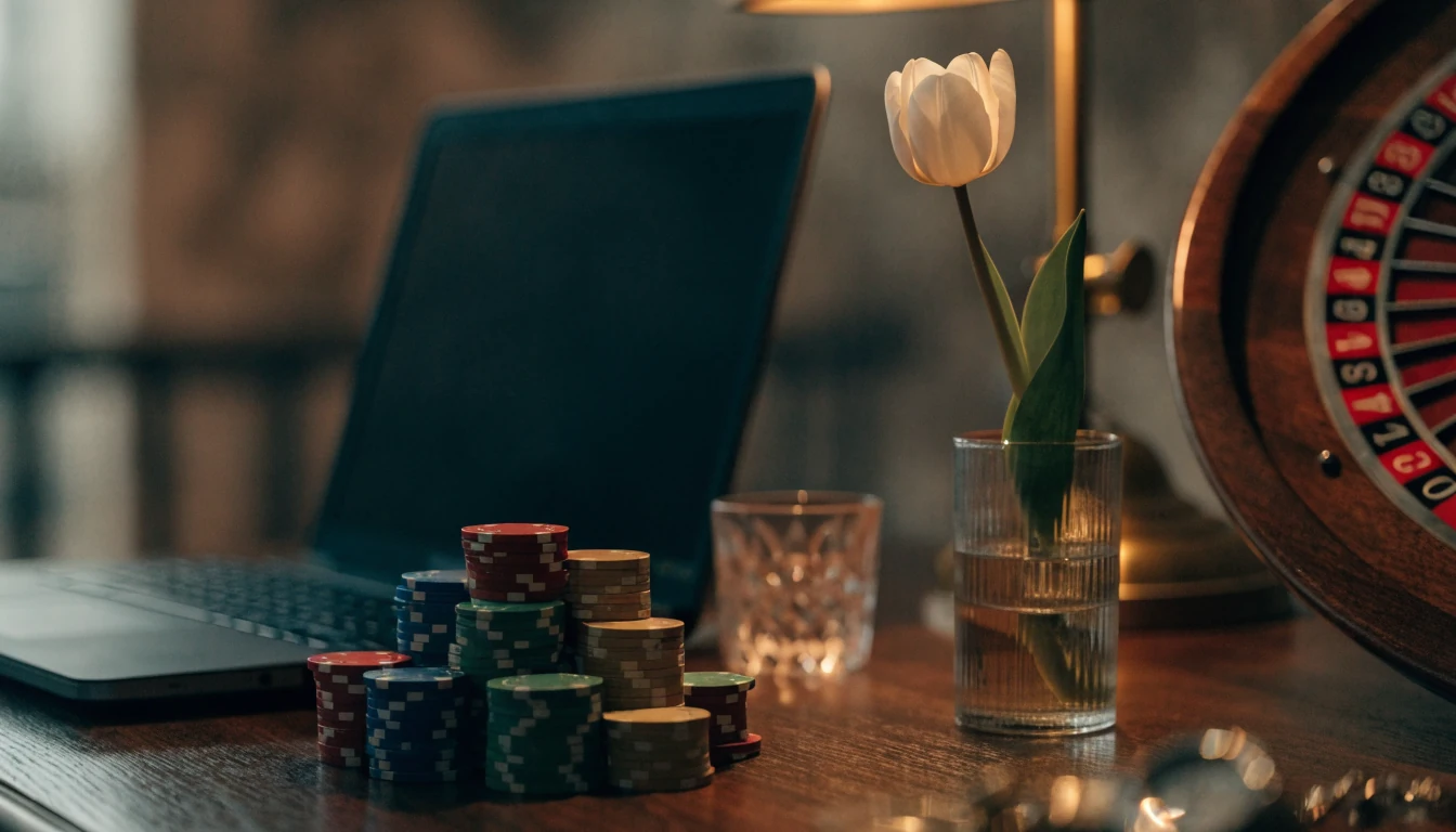 Stapels casinofiches en gesloten laptop op donker houten bureau met sfeervolle verlichting