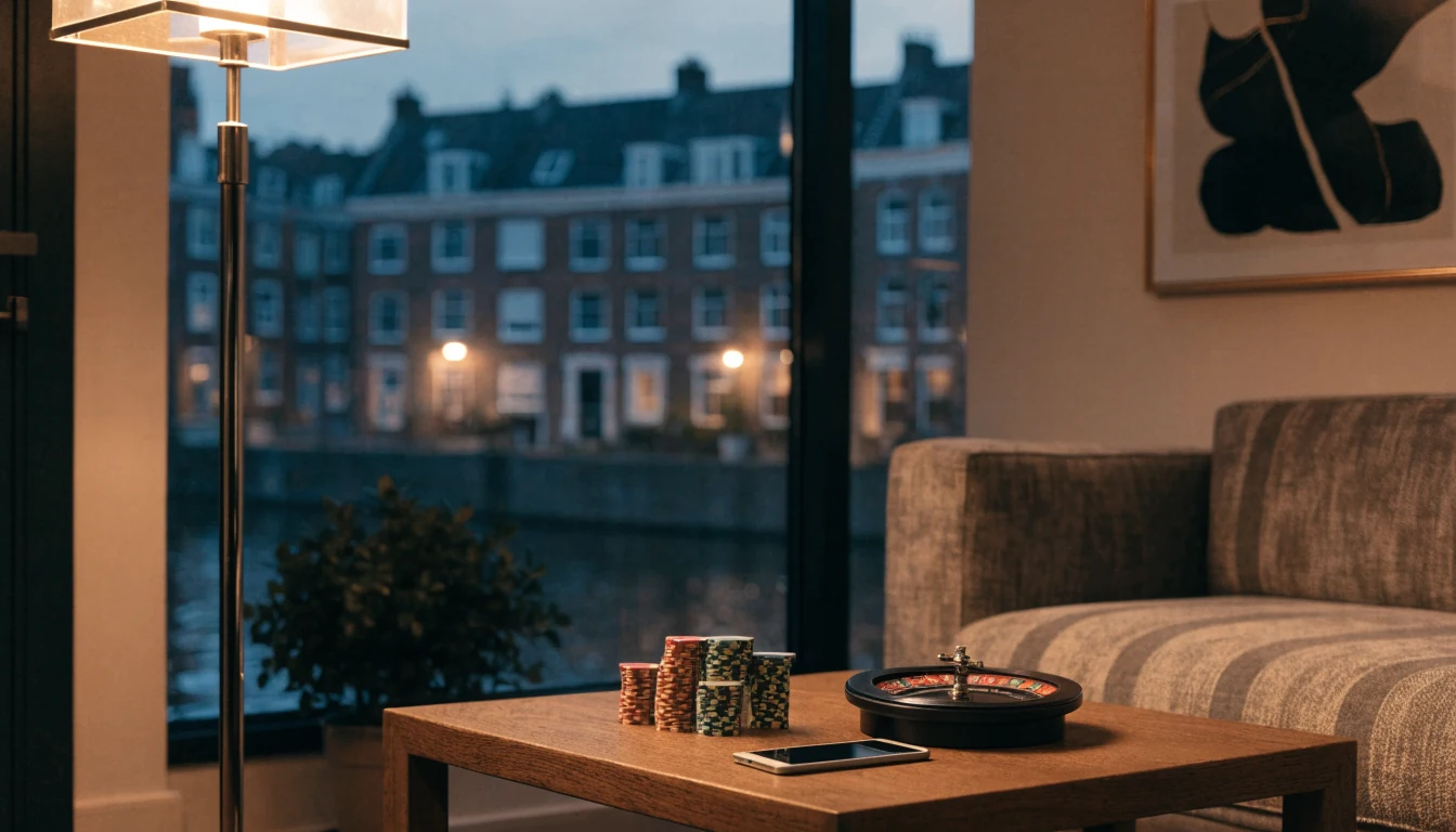 Modern Nederlands interieur met casinochips en roulettewiel bij gedimde avondverlichting