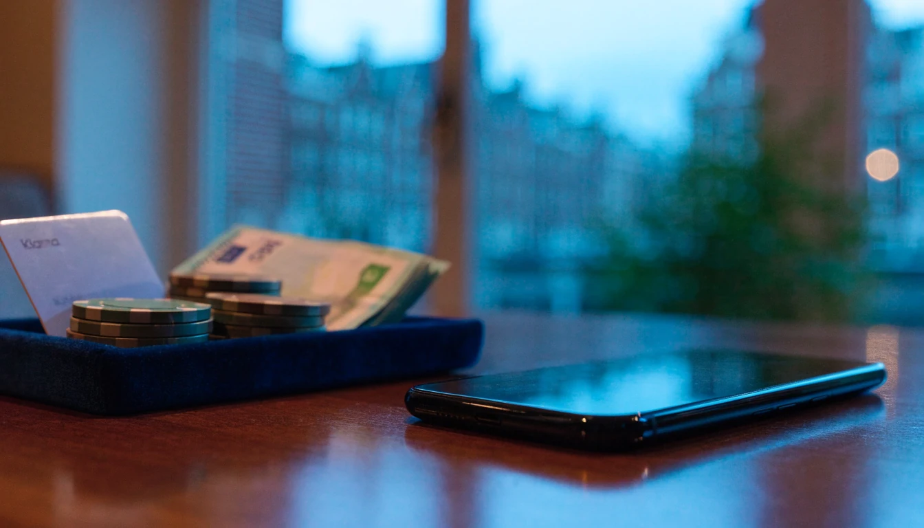 Smartphone met Klarna-kaart en casinofiches op tafel