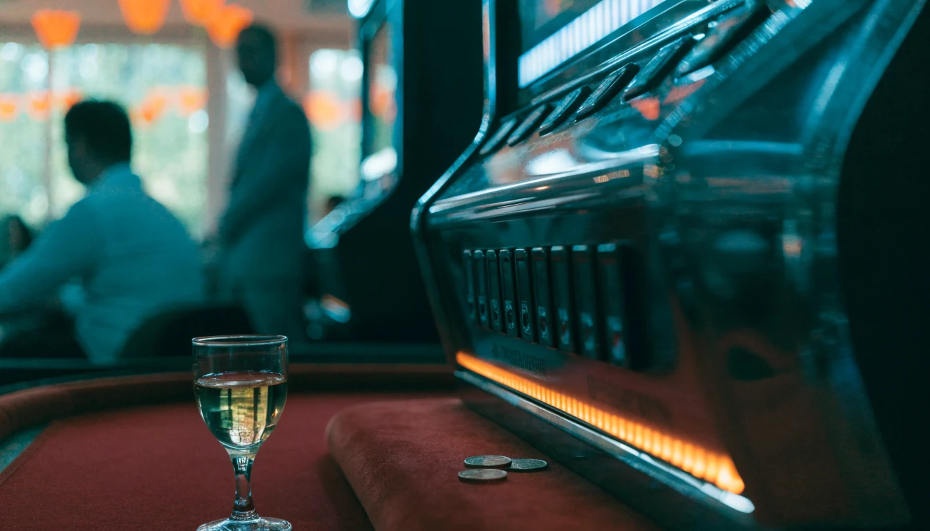 Gokkast in een Nederlands casino, scherm afgewend, sfeervolle verlichting