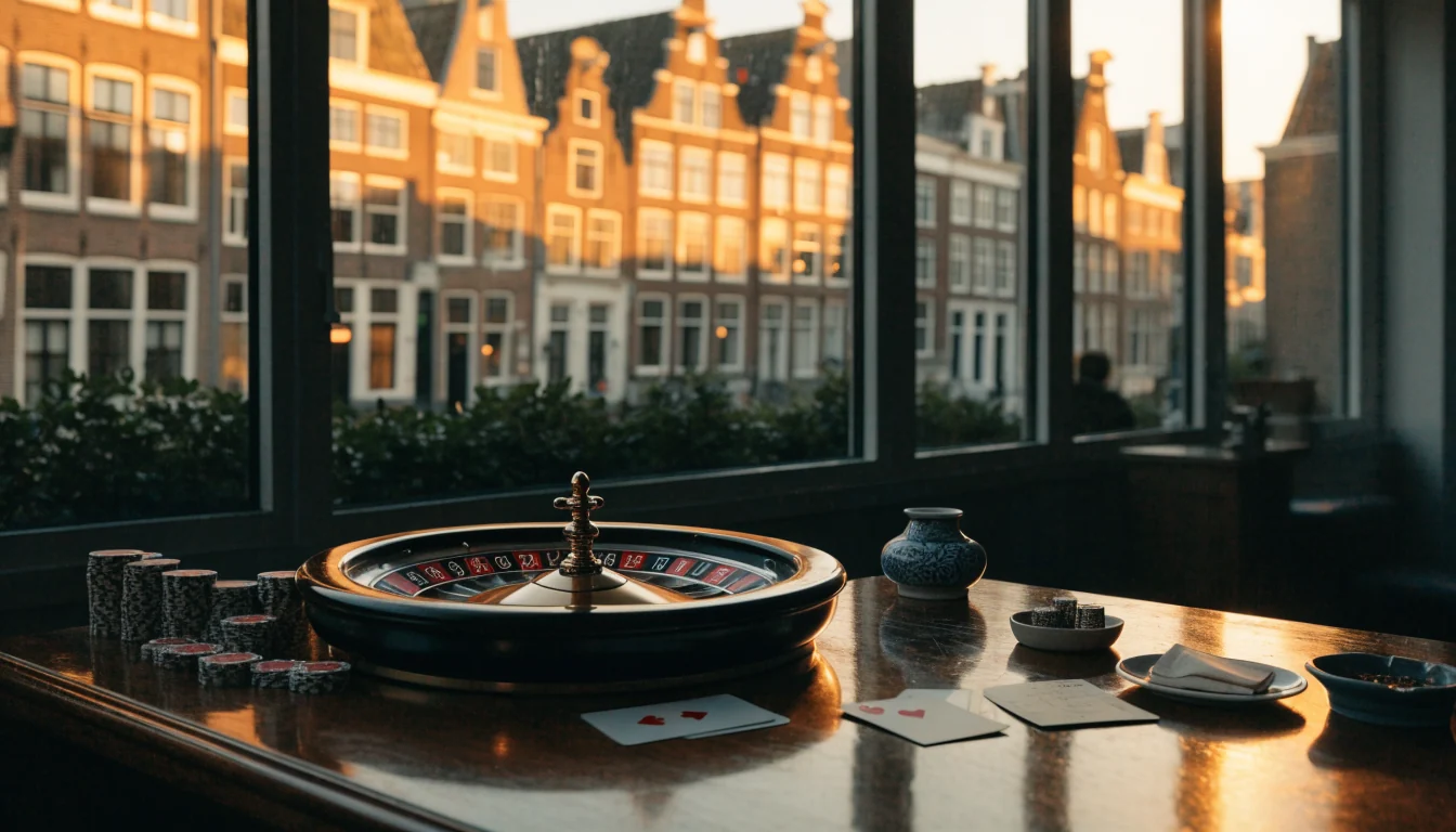 Stijlvolle Nederlandse tafel met casinofiches, roulettewiel en grachtenpanden door het raam