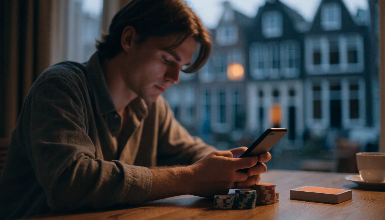 Nederlandse speler met telefoon en casinofiches aan tafel
