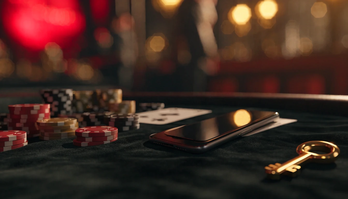 Smartphone op casinotafel met fiches, sleutel en gedekte kaart