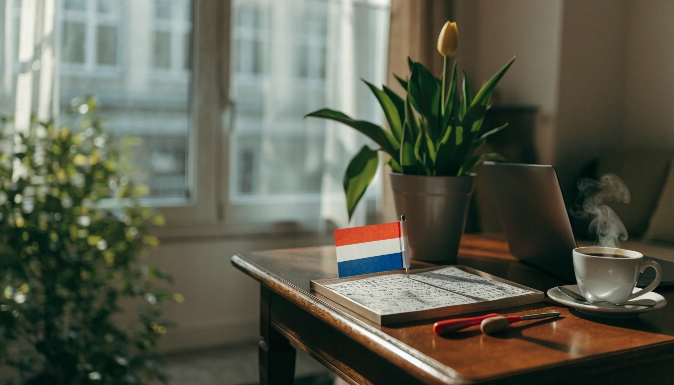 Nederlandse woonkamer met bingokaarten en gesloten laptop