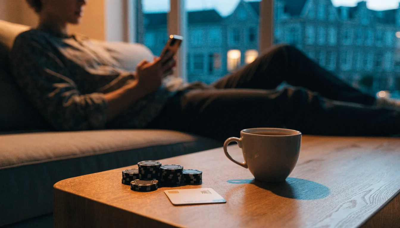 Persoon op moderne bank met telefoon afgewend, chipstapel en bankpas op tafel