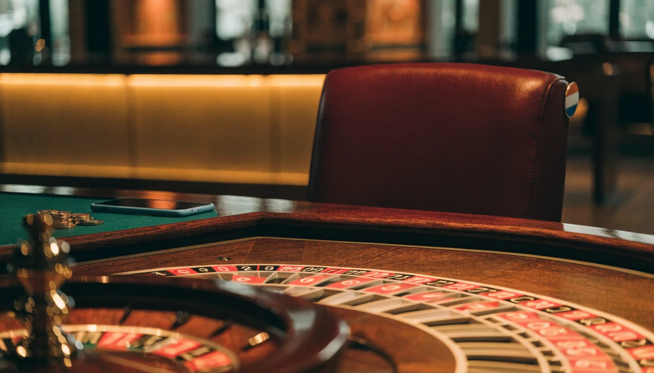Casino tafel met roulette, fiches en smartphone met bonusmunten