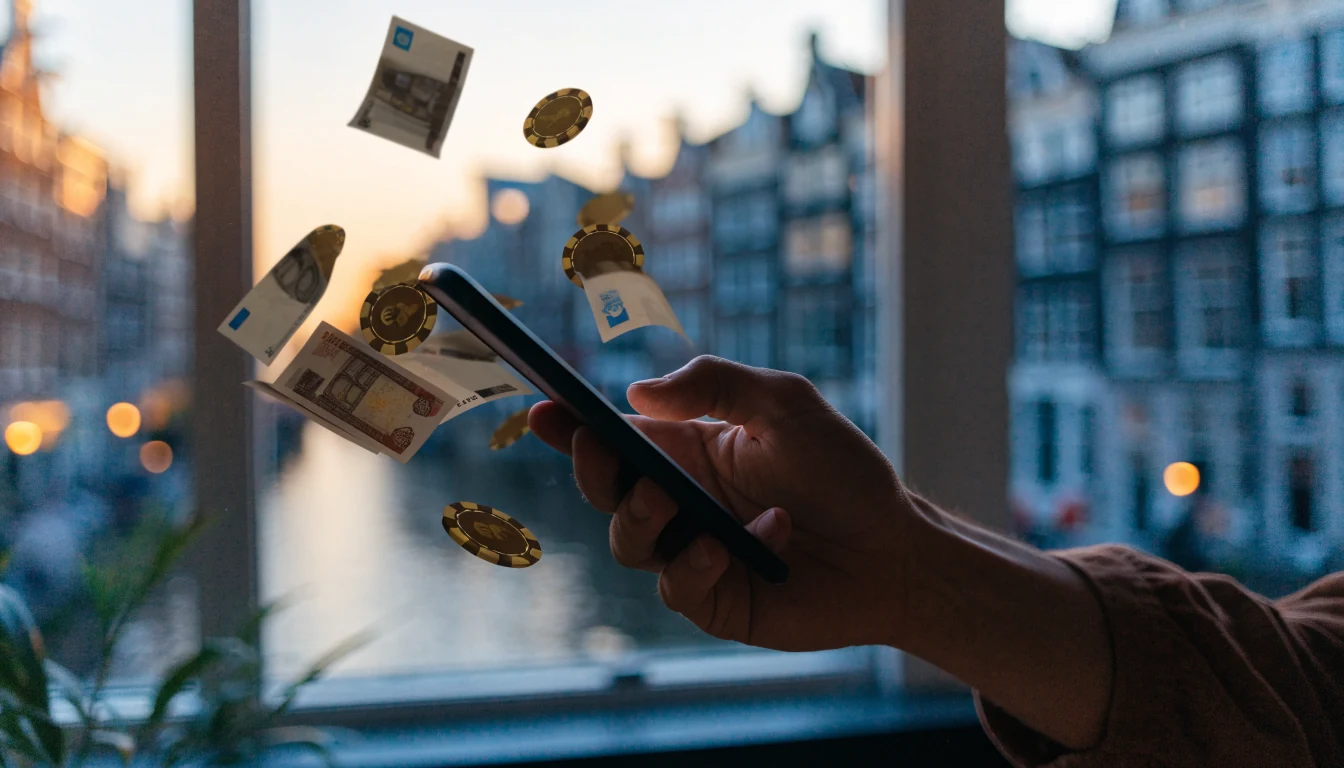 Hand met smartphone en zwevende eurobiljetten en casinofiches, Amsterdamse grachtenpanden op de achtergrond