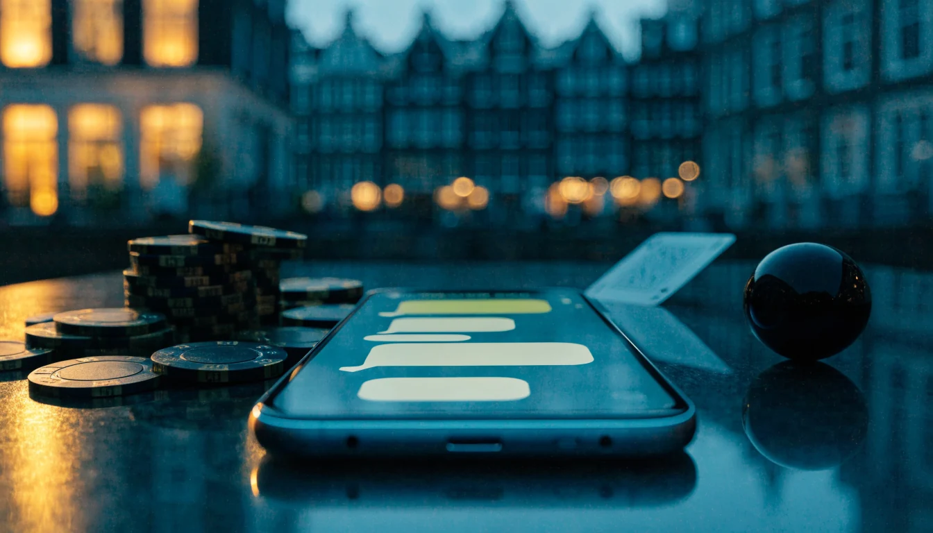Een smartphone met Telegram-chat omringd door casinofiches en een speelkaart, met Amsterdamse grachtenpanden op de achtergrond.