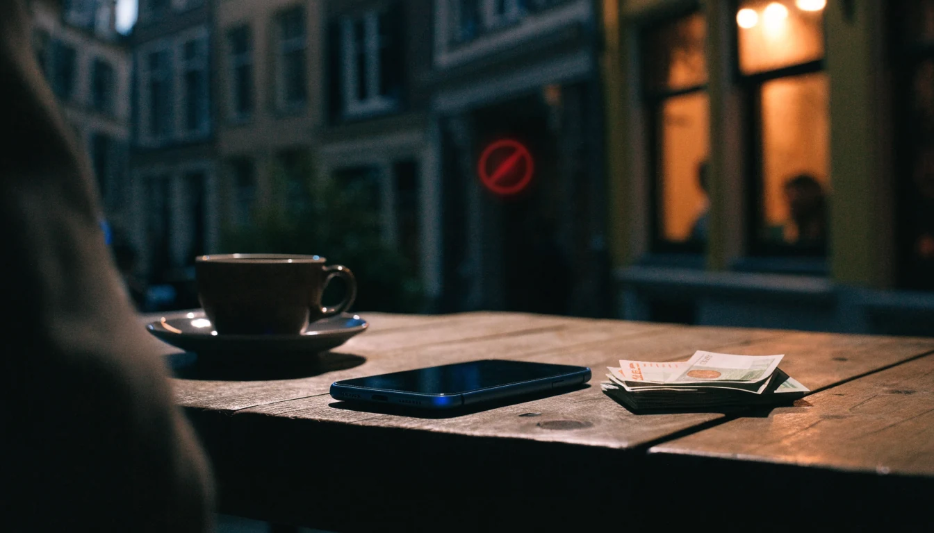 Een omgedraaide smartphone op een tafel met een rood verbodsteken op de achtergrond